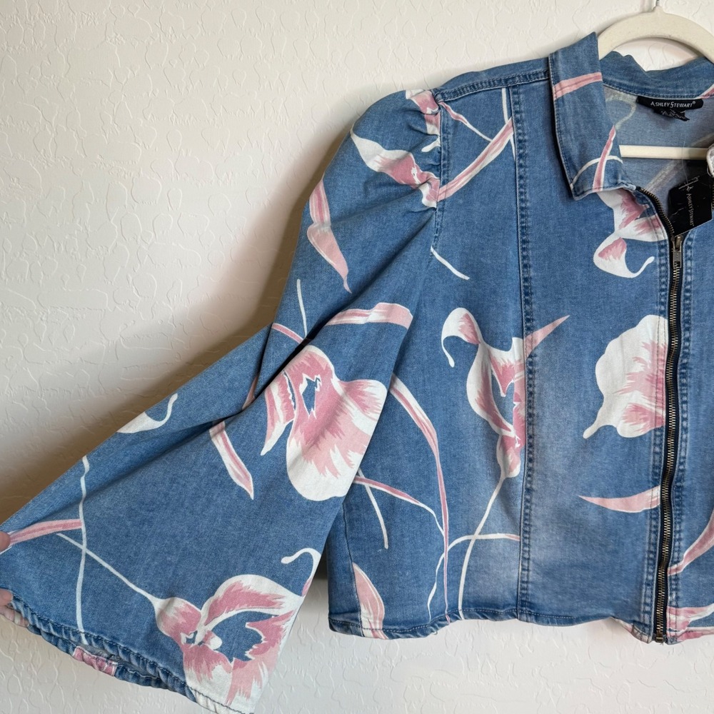 VTG Ashley Stewart Floral Puff Sleeve Denim Jacket Cottagecore Plus 22/24 NWT - Picture 6 of 10